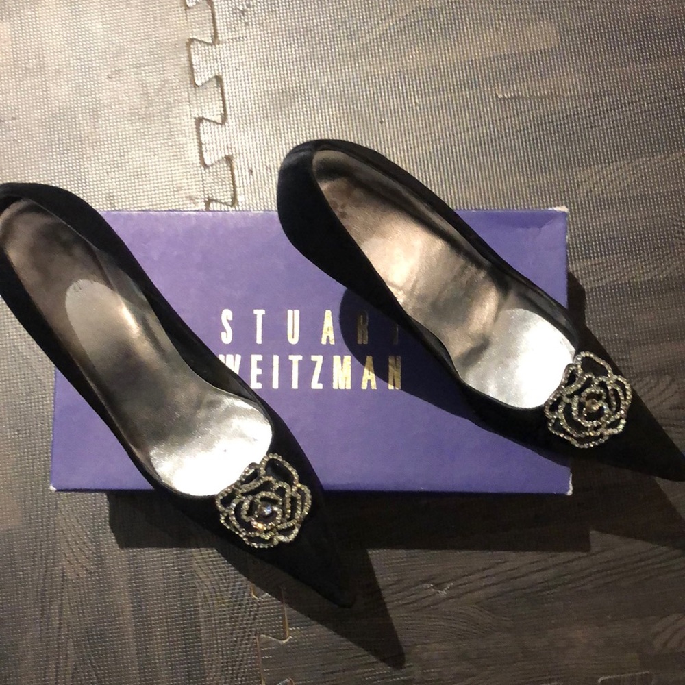 Stuart Weitzman Black Satin Carnation Crystal Pump